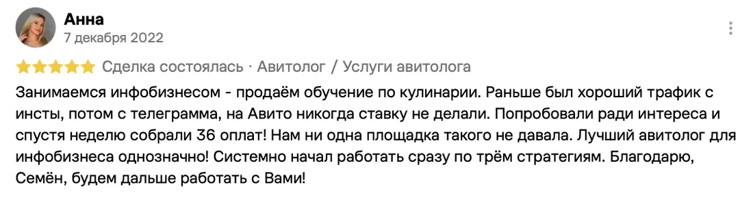 Отзыв клиента на Авито: Анна, 7 декабря 2022 · Услуги авитолога