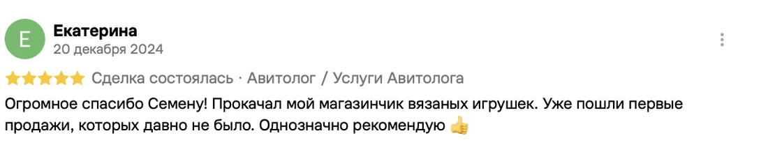 Отзыв клиента на Авито: Екатерина, 20 декабря 2024 · Услуги авитолога
