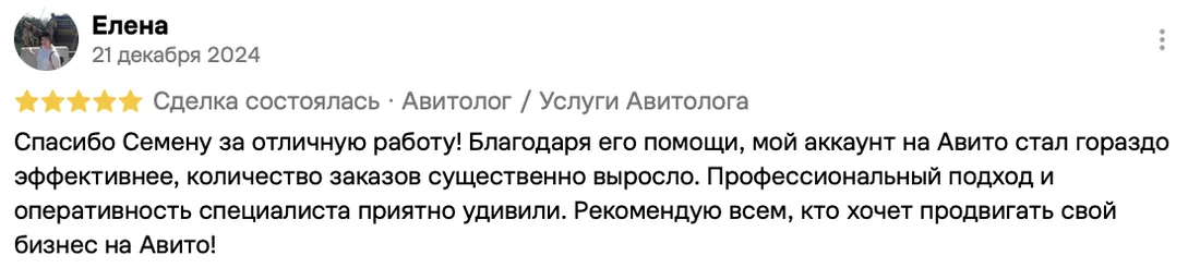 Отзыв клиента на Авито: Елена, 21 декабря 2024 · Услуги авитолога